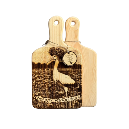 Сувенирная разделочная доска с ручкой "Бусел" из кедра с лазерной гравировкой 17/30 см